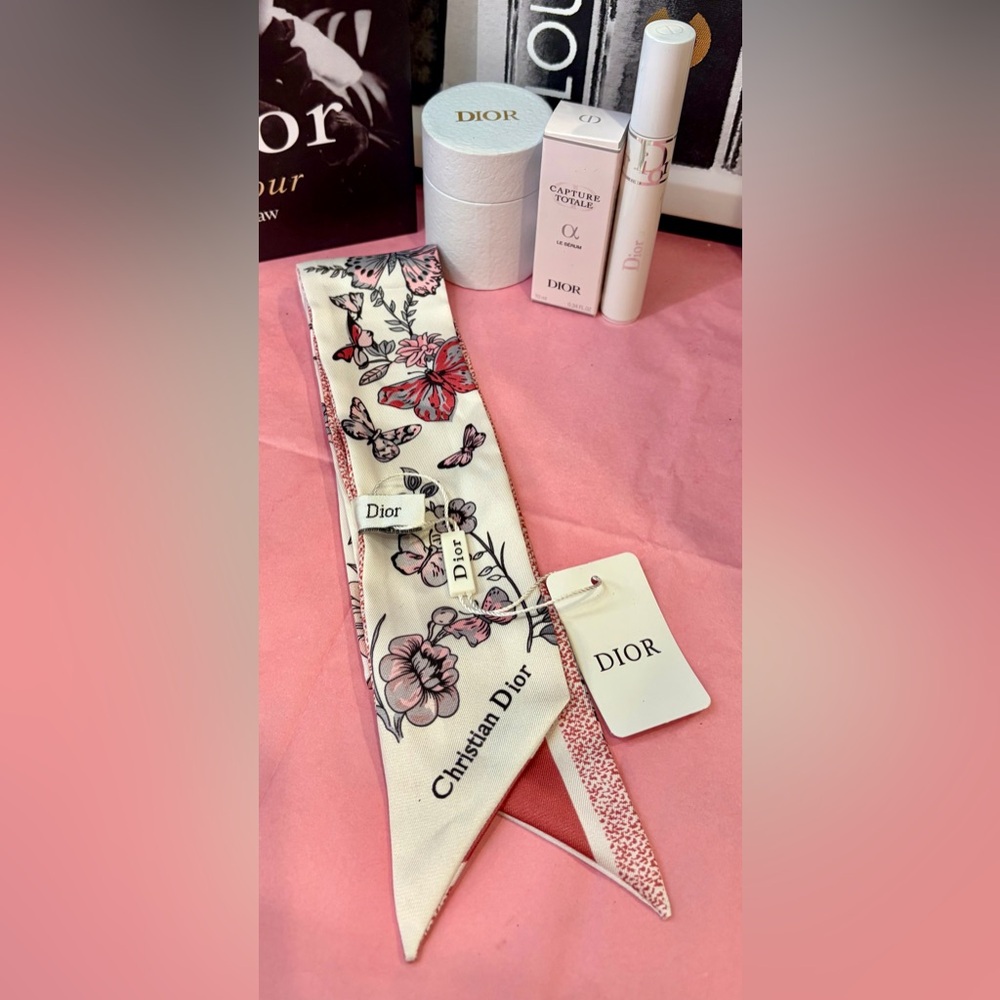 NWT DIOR BEAUTE Cream/Pink 100% Silk Scarf/Serum/Maximizer 3D Mascara Primer